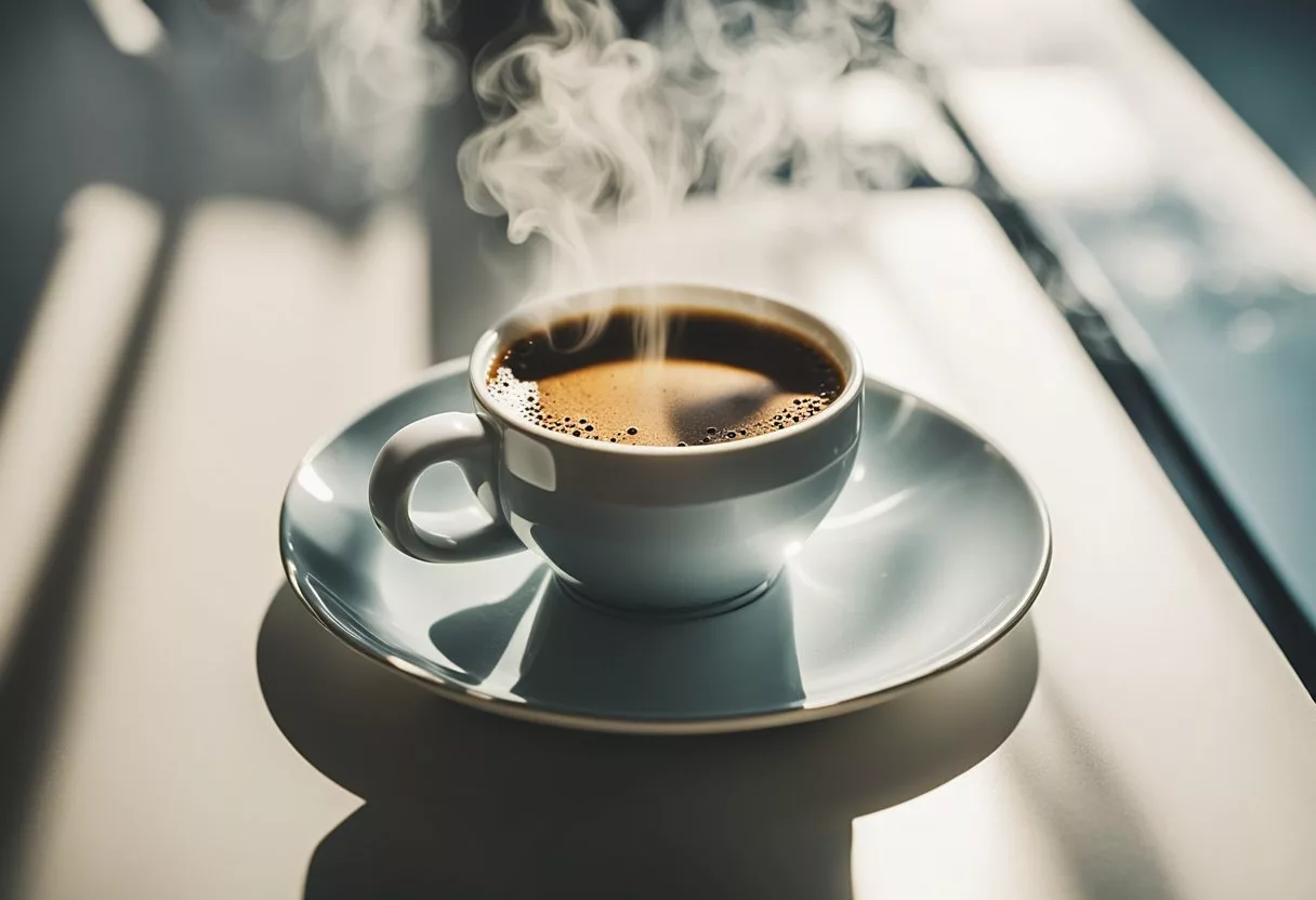 A steaming cup of black coffee sits on a clean, white table, surrounded by a soft morning light. The rich aroma of the coffee wafts through the air, evoking a sense of warmth and comfort