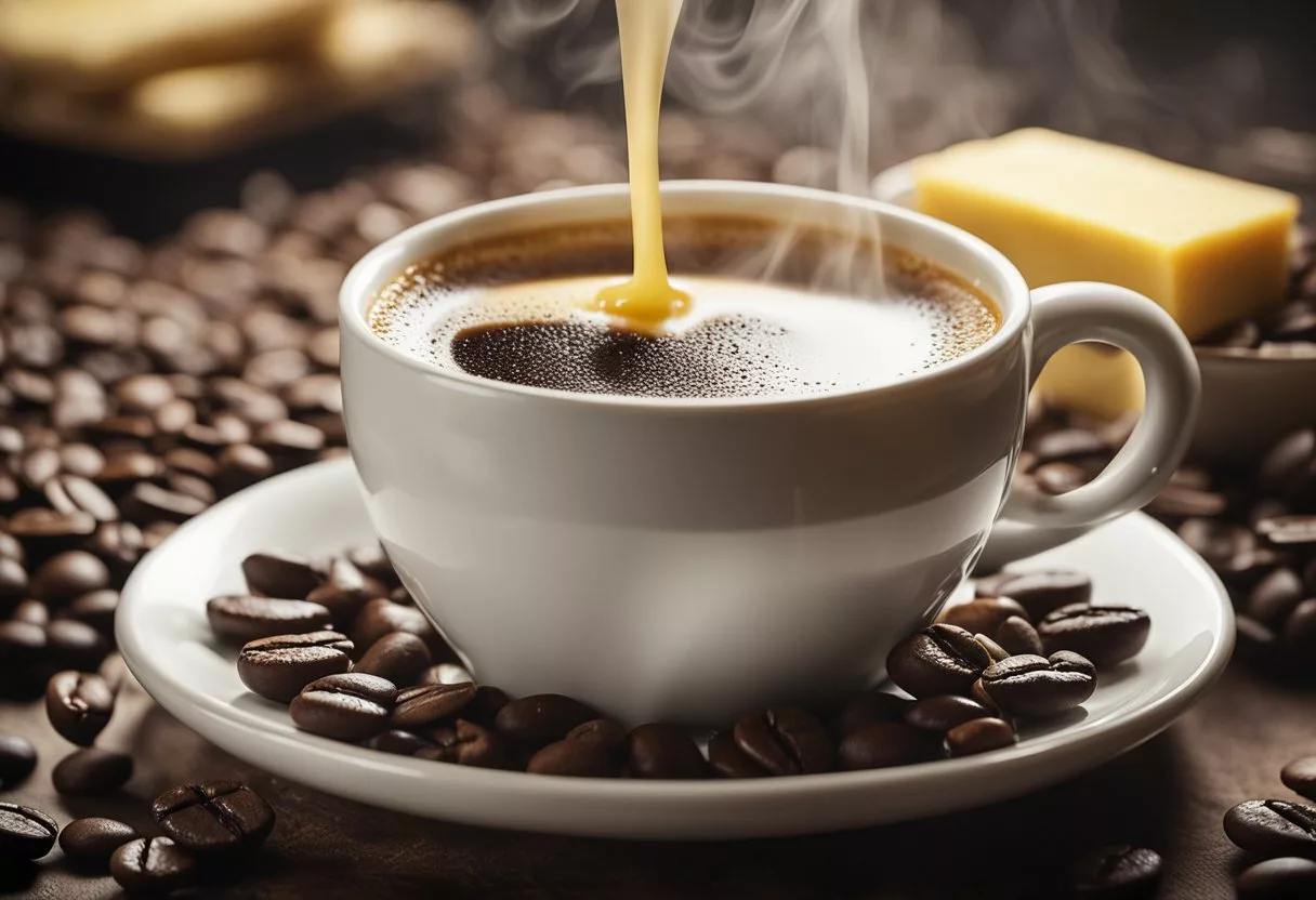 A steaming cup of coffee with a pat of butter melting on the surface, surrounded by coffee beans and a stick of butter