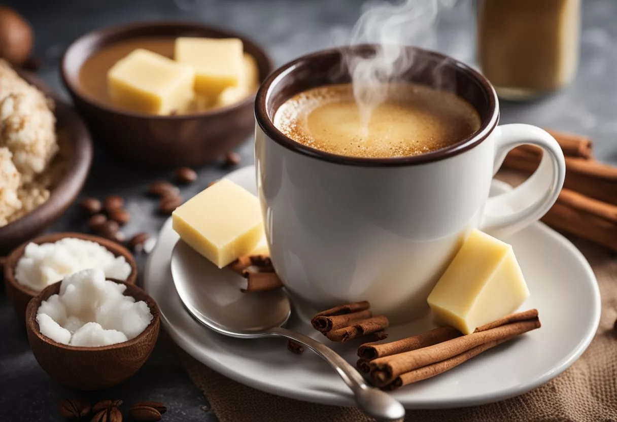 A steaming cup of coffee with a pat of butter melting on top, surrounded by ingredients like coconut oil and cinnamon