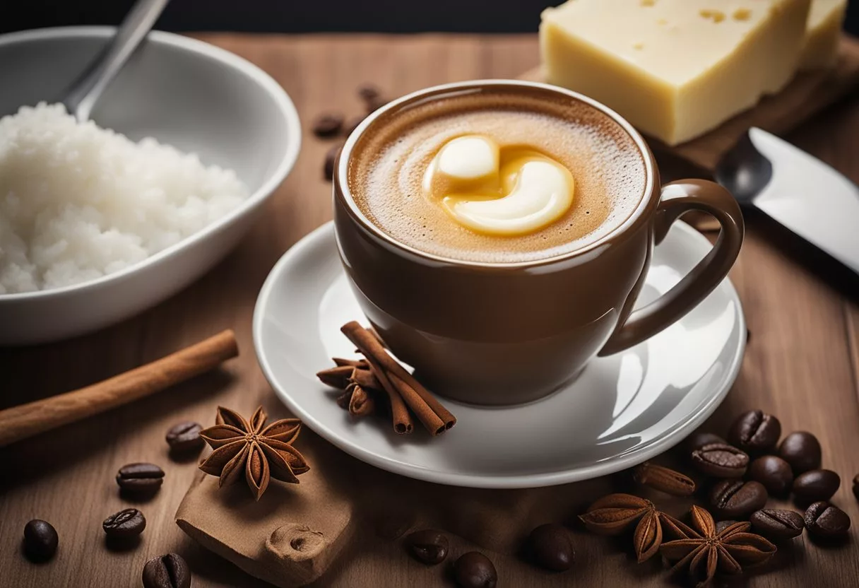A cup of coffee with a slab of butter melting into it, surrounded by ingredients like coconut oil and cinnamon