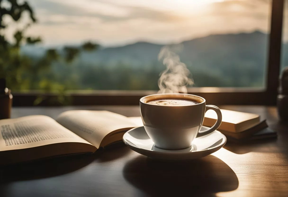 A steaming cup of decaffeinated coffee sits on a cozy table, surrounded by a book, a warm blanket, and a peaceful view of nature outside the window