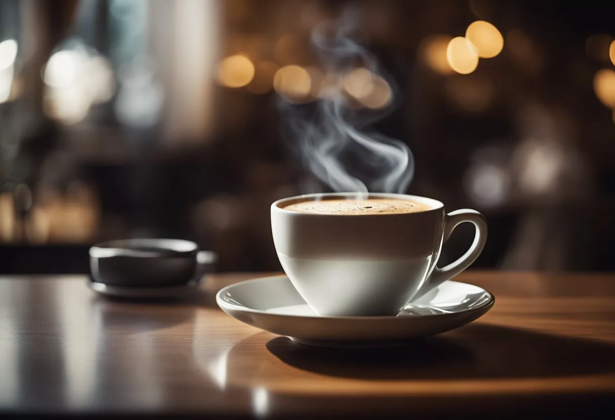 A steaming cup of decaffeinated coffee sits on a table, surrounded by a cozy atmosphere. A warm, inviting feeling emanates from the scene, suggesting comfort and relaxation