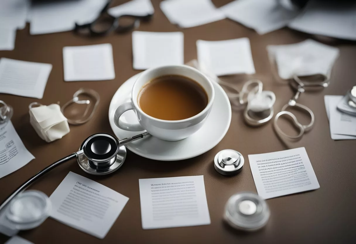 A steaming cup of decaf sits on a table, surrounded by research papers and a stethoscope. A question mark hovers above, symbolizing the debate over its health effects