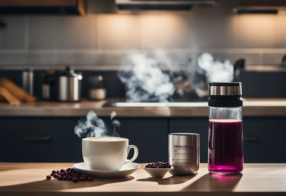 A steaming cup of coffee sits next to a bottle of cranberry juice and a pack of antibiotics on a kitchen counter