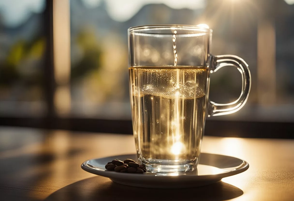 A glass of water sits next to a steaming cup of coffee. The sun shines through a window, casting a warm glow on the table