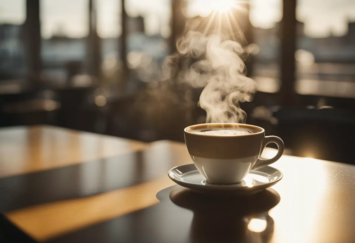 A steaming cup of coffee sits on a table, surrounded by empty water bottles. The sun shines through a window, casting a warm glow on the scene