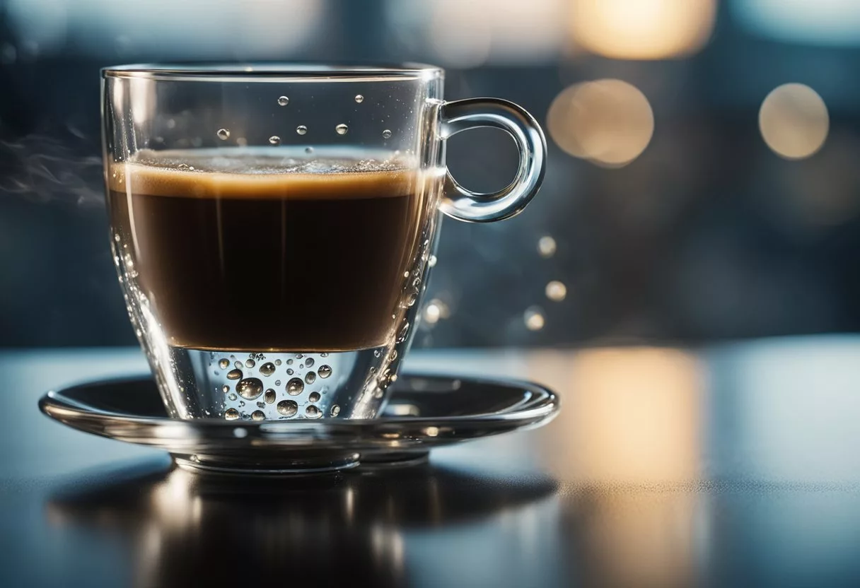 A steaming cup of coffee sits next to a glass of water. The water droplets on the glass glisten in the light, while the coffee emits a rich aroma