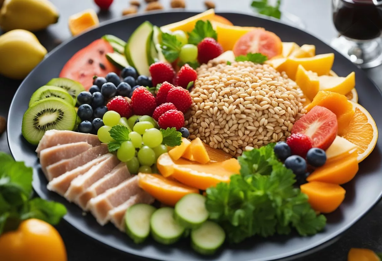 A colorful plate with a variety of food items, including fruits, vegetables, grains, and proteins, with a clear label showing the recommended daily calorie intake
