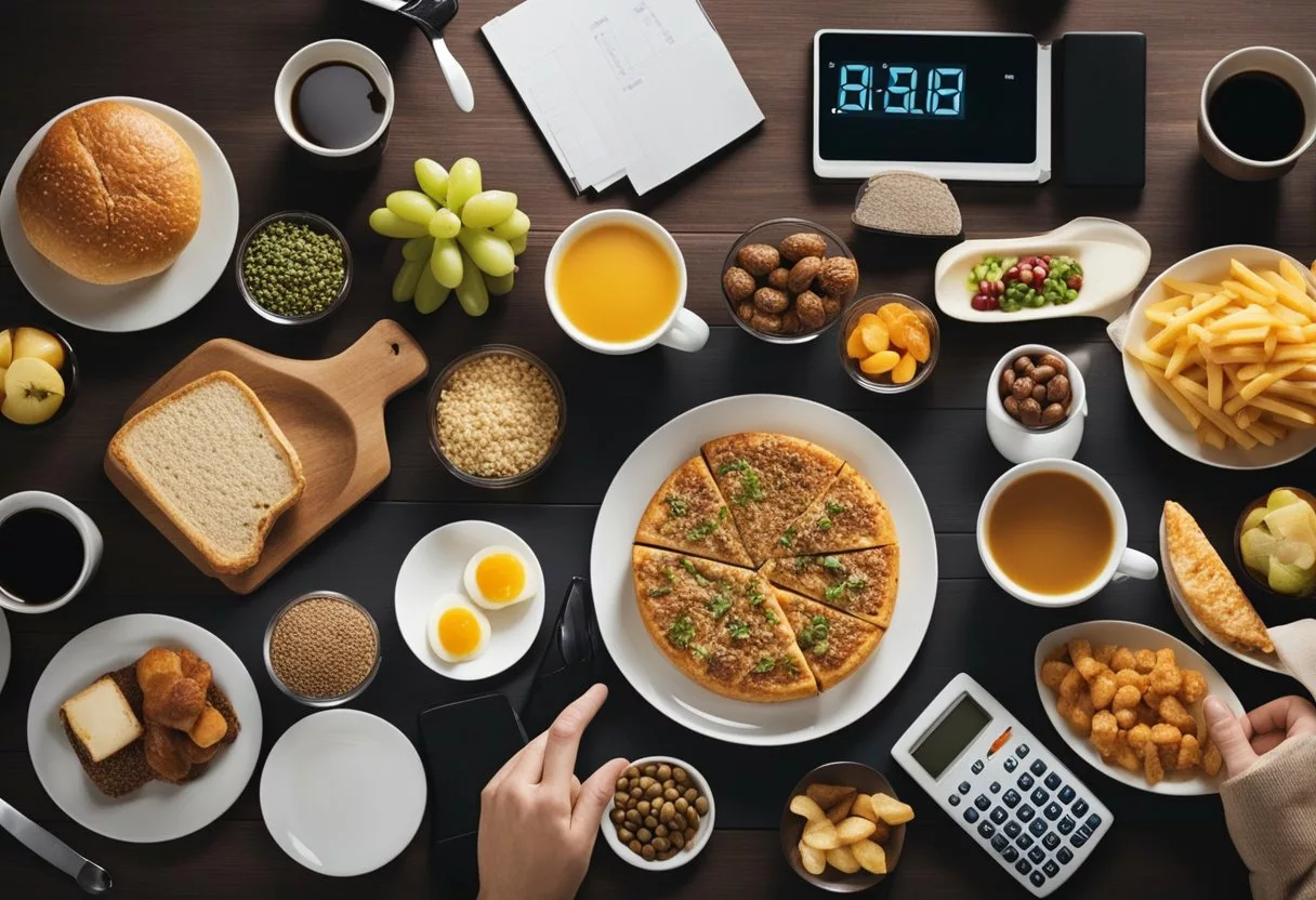A table with various food items and their corresponding calorie counts, a calculator, and a person pondering their daily caloric needs