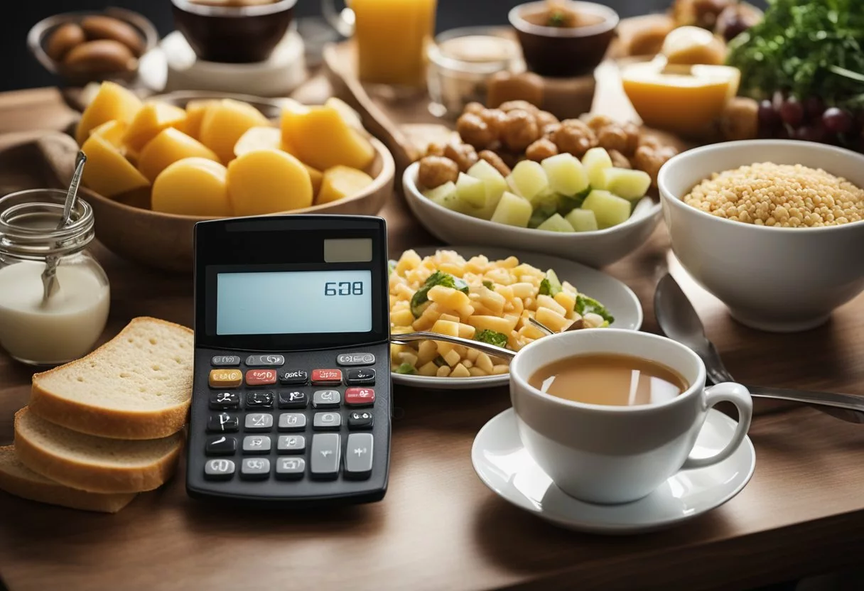A table with various food items, a calculator, and a notebook for tracking caloric intake