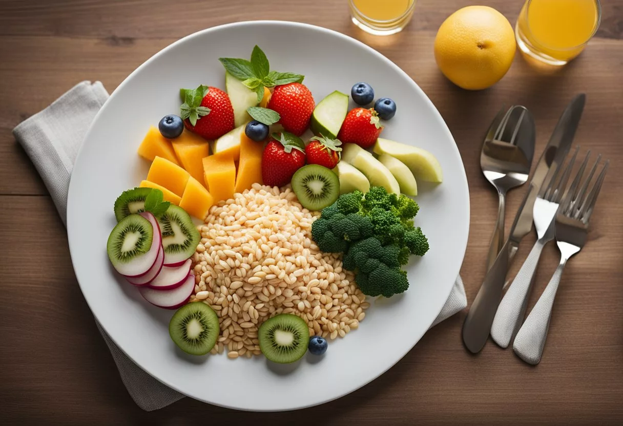 A plate with a balanced meal, including fruits, vegetables, lean protein, and whole grains, with a calorie count of 1500-2000 per day