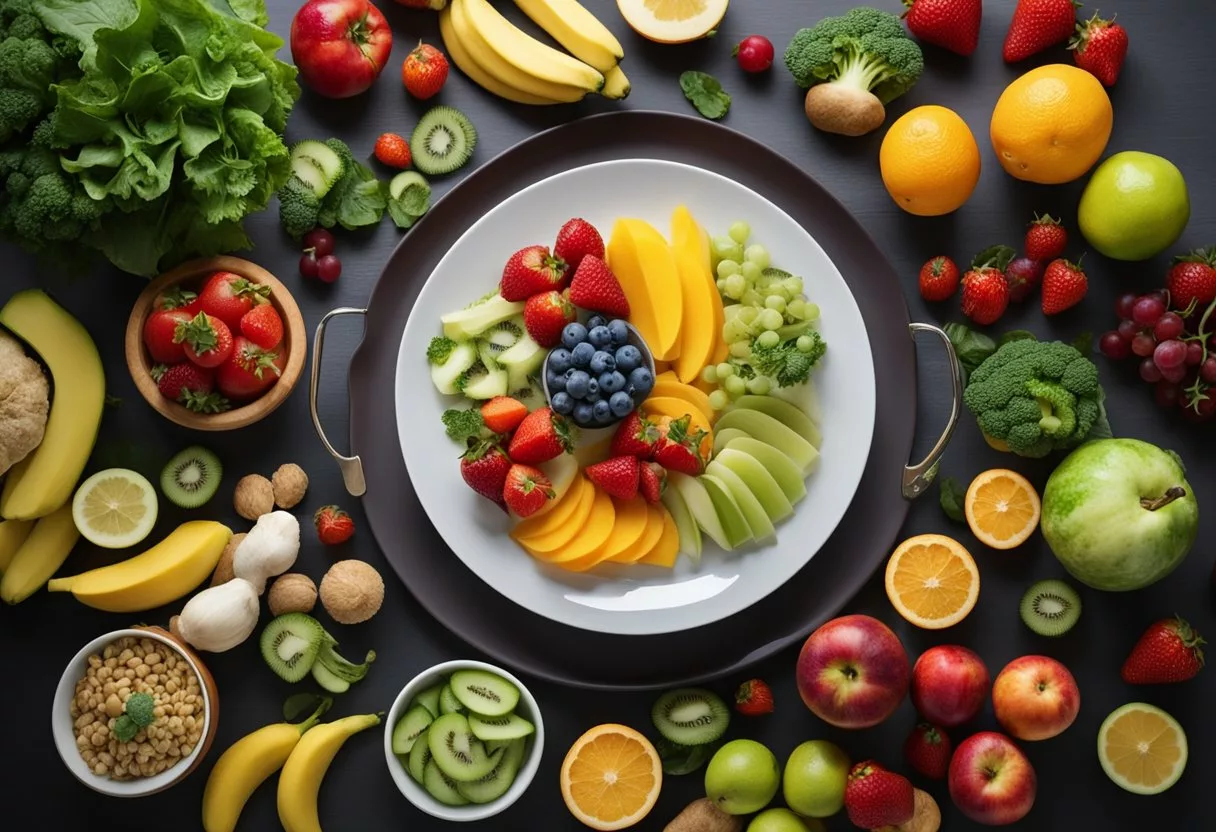 A plate with a balanced meal, surrounded by a variety of colorful fruits and vegetables, with a clear and labeled calorie count displayed nearby