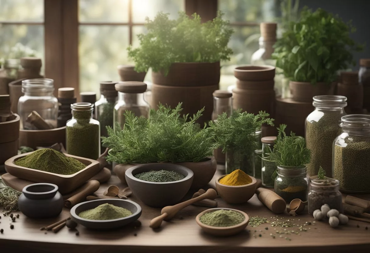 A table filled with herbs, spices, and natural remedies. A mortar and pestle sits in the center, surrounded by jars and bottles of herbal treatments for toothache