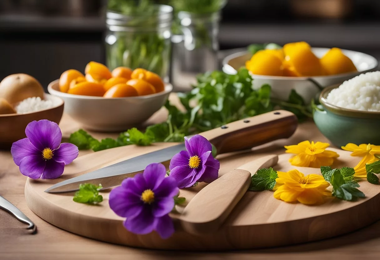 A table with various edible flowers, a chef's knife, and a cutting board. A bowl of water for rinsing and a plate for arranging
