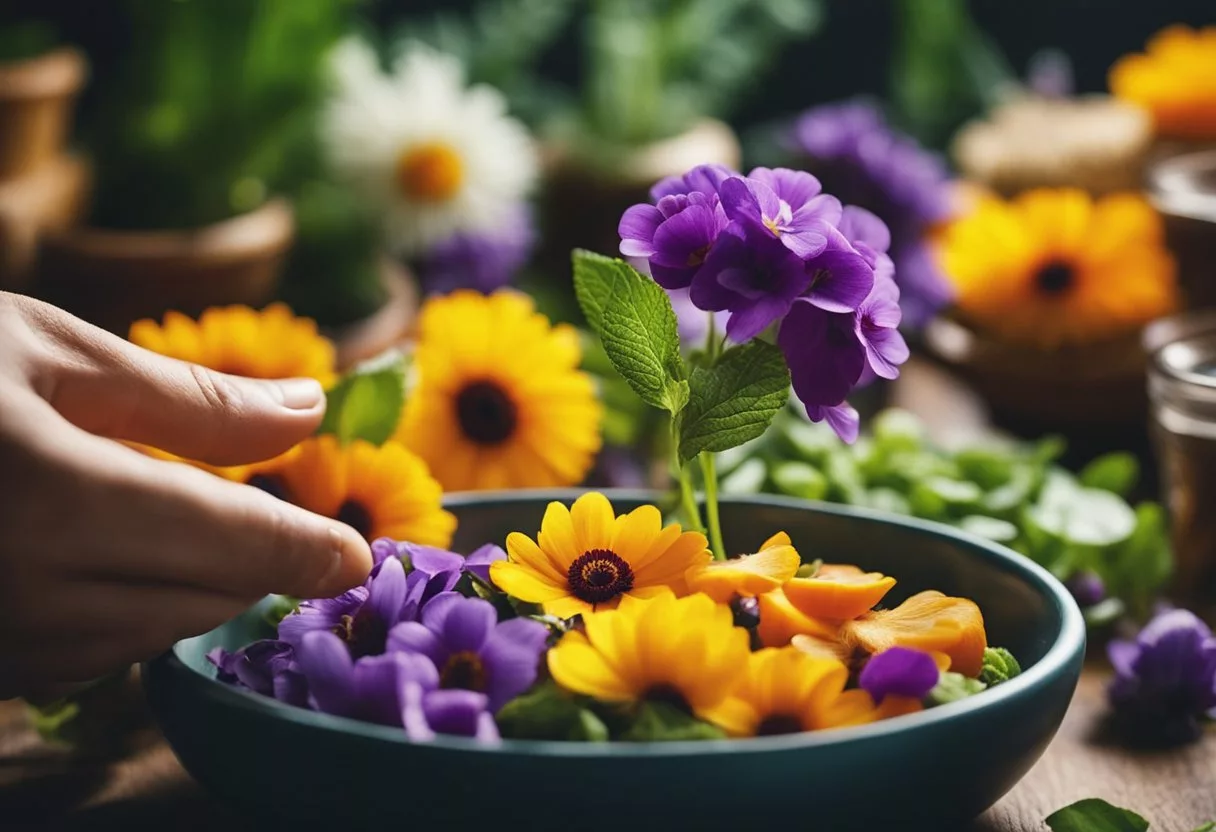 A hand reaches for colorful edible flowers, showcasing how to use them in cooking and garnishing