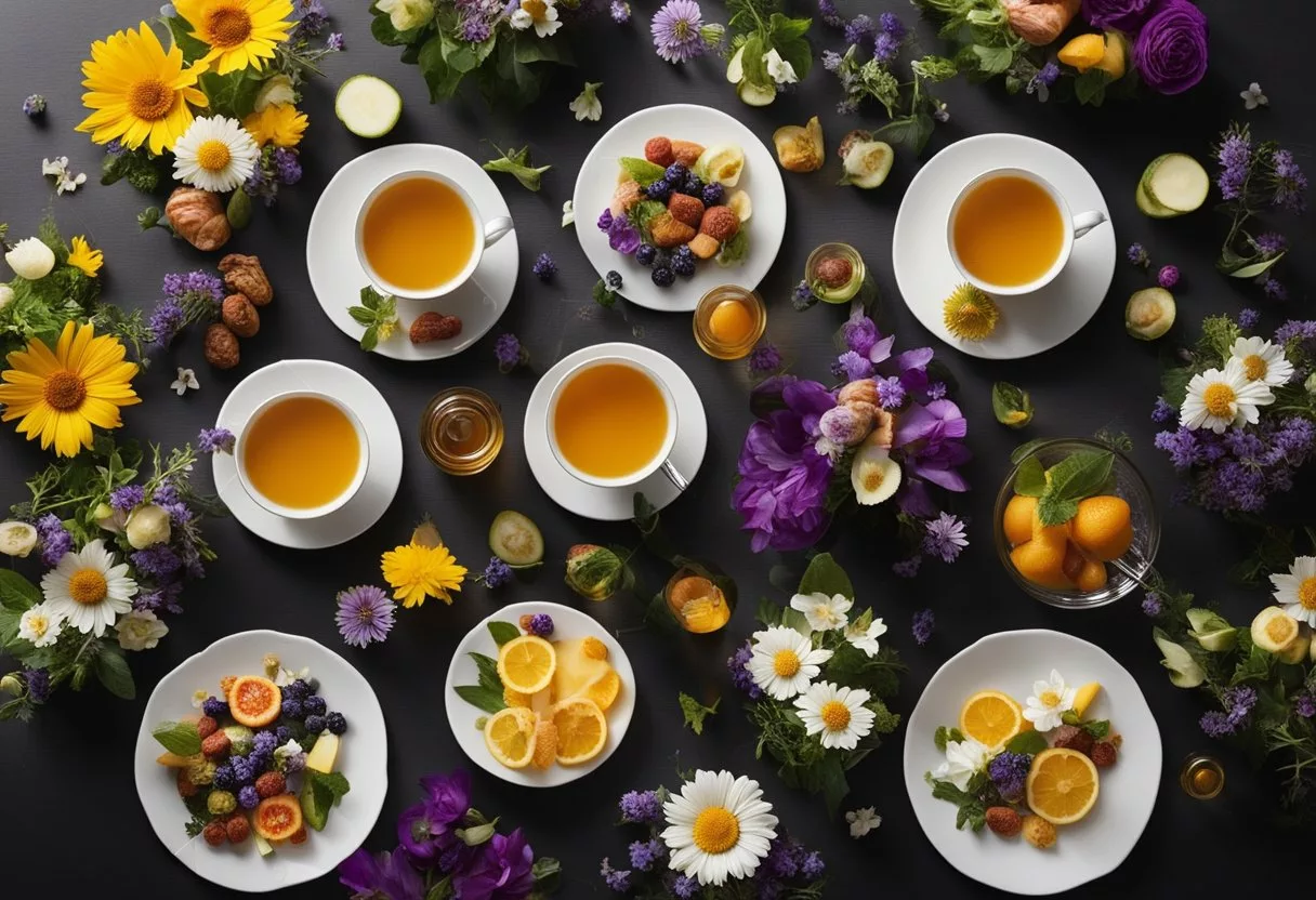 A table set with various beverages and edible flowers for infusion