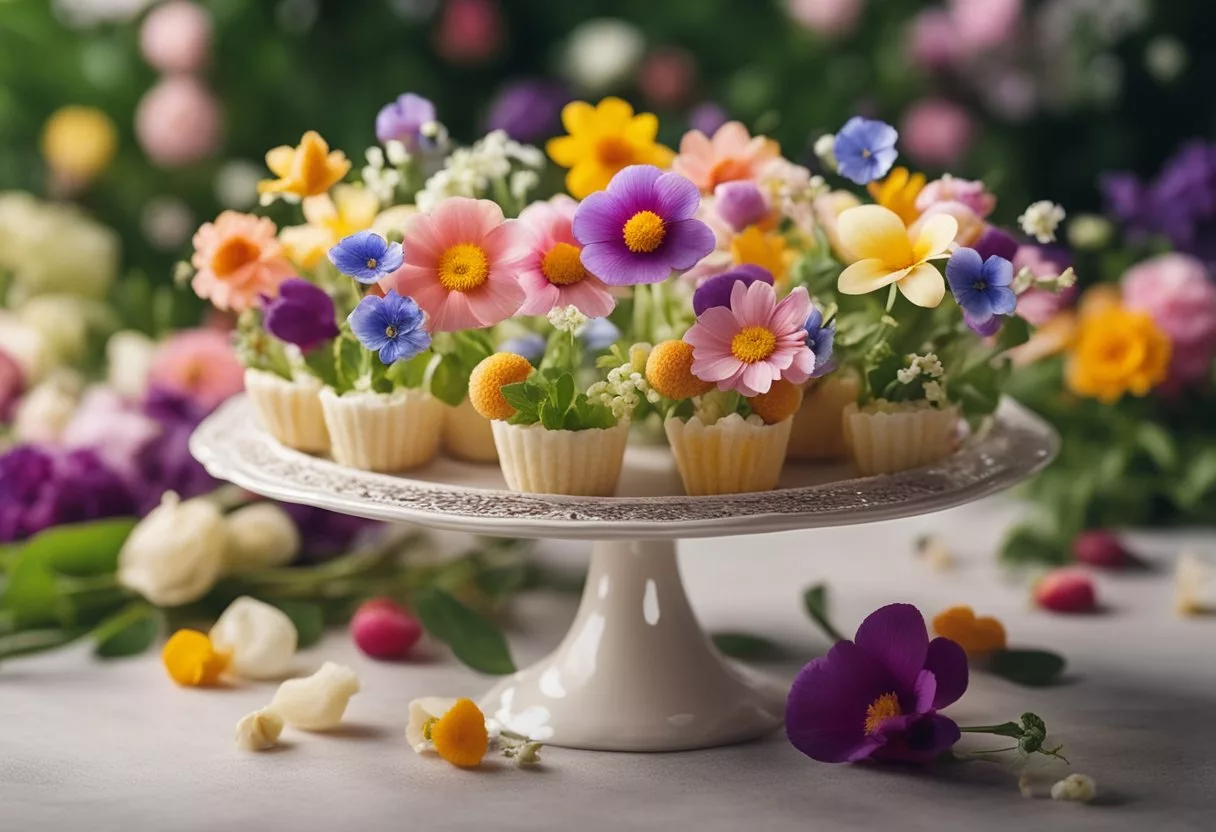 Edible flowers arranged on a dish, adding color and texture