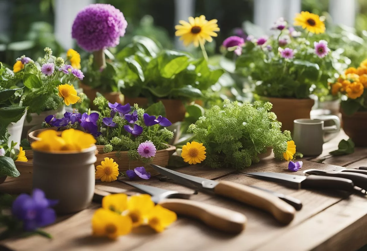 Lush garden with colorful edible flowers in bloom, surrounded by gardening tools and freshly harvested blooms on a wooden table
