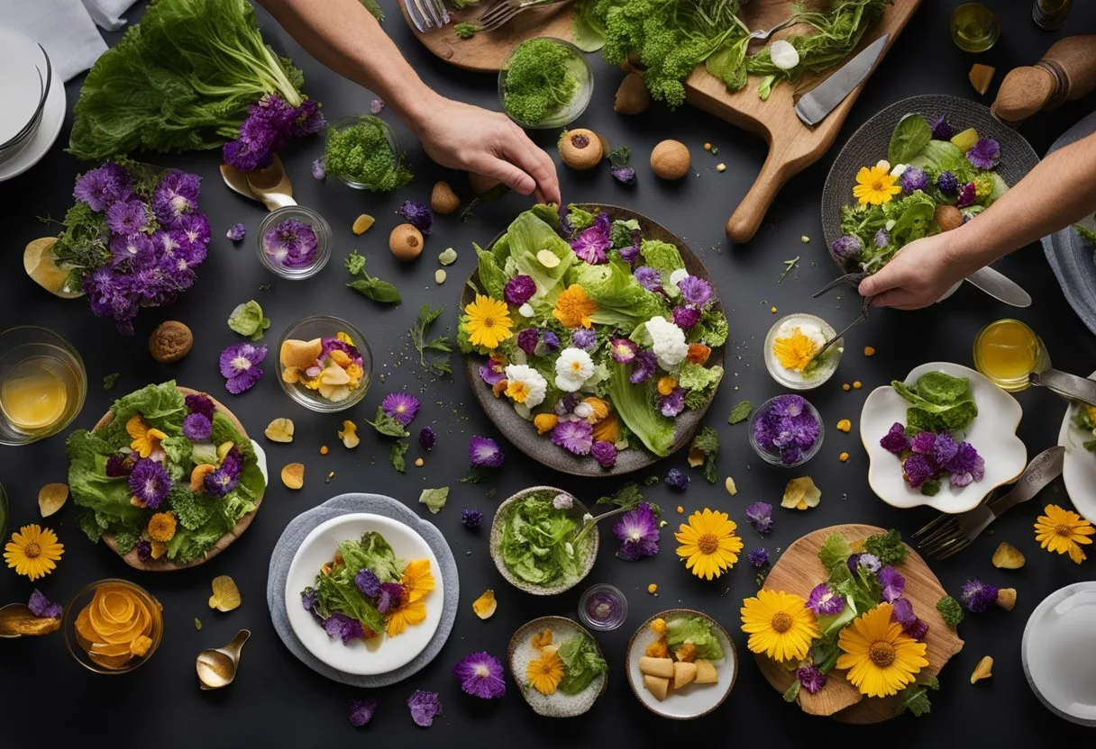 A table set with various dishes adorned with edible flowers, accompanied by a chef's hand sprinkling petals onto a salad