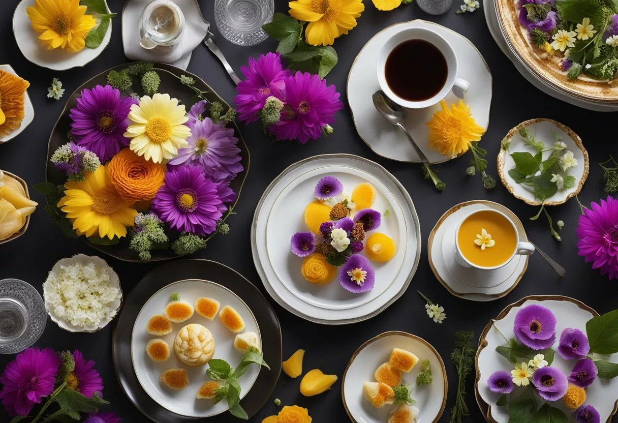 A table set with various dishes adorned with colorful edible flowers, accompanied by a guidebook on how to use them