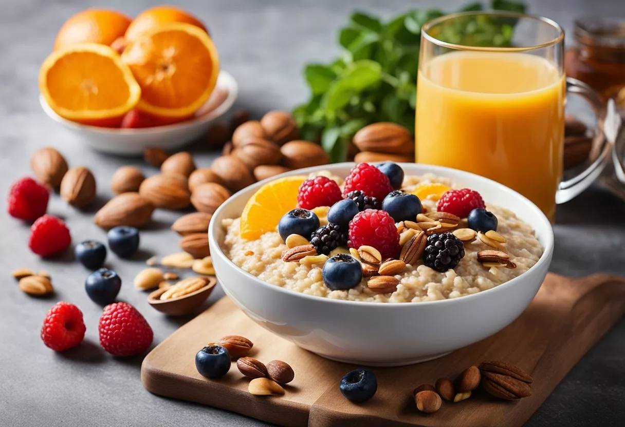 A table set with colorful fruits, vegetables, nuts, and whole grains. A steaming bowl of oatmeal topped with berries, nuts, and honey. A glass of freshly squeezed orange juice