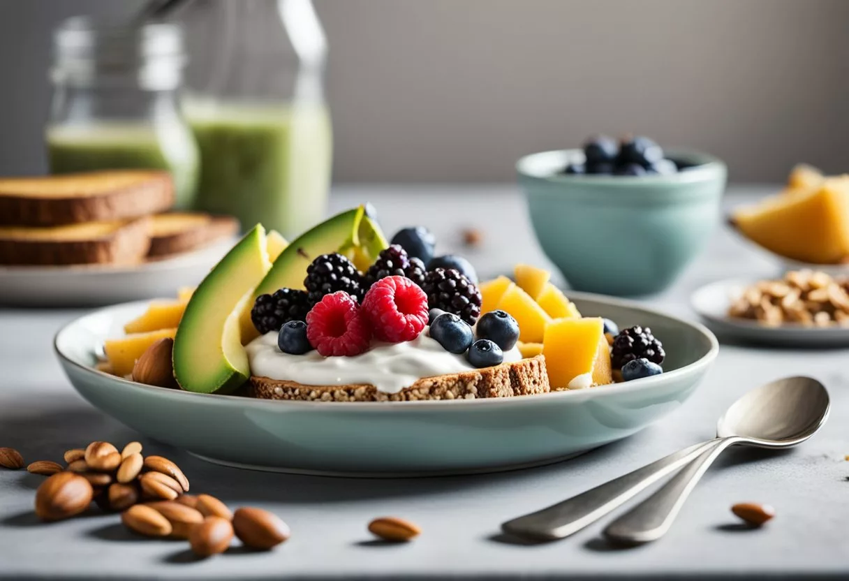 A table set with colorful fruits, nuts, and seeds, alongside whole grain toast and avocado. A bowl of Greek yogurt with honey and berries completes the spread