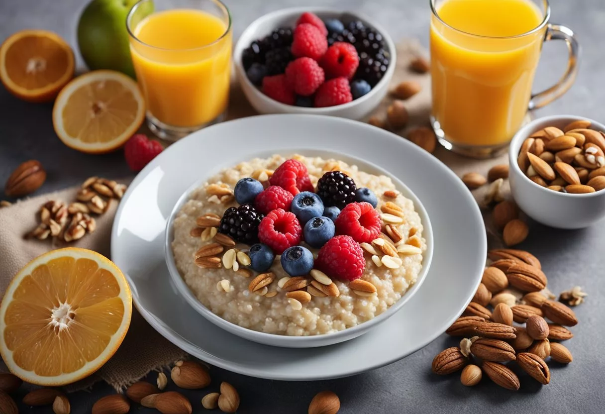 A table set with colorful fruits, nuts, and whole grains. A steaming bowl of oatmeal topped with berries. A glass of freshly squeezed orange juice