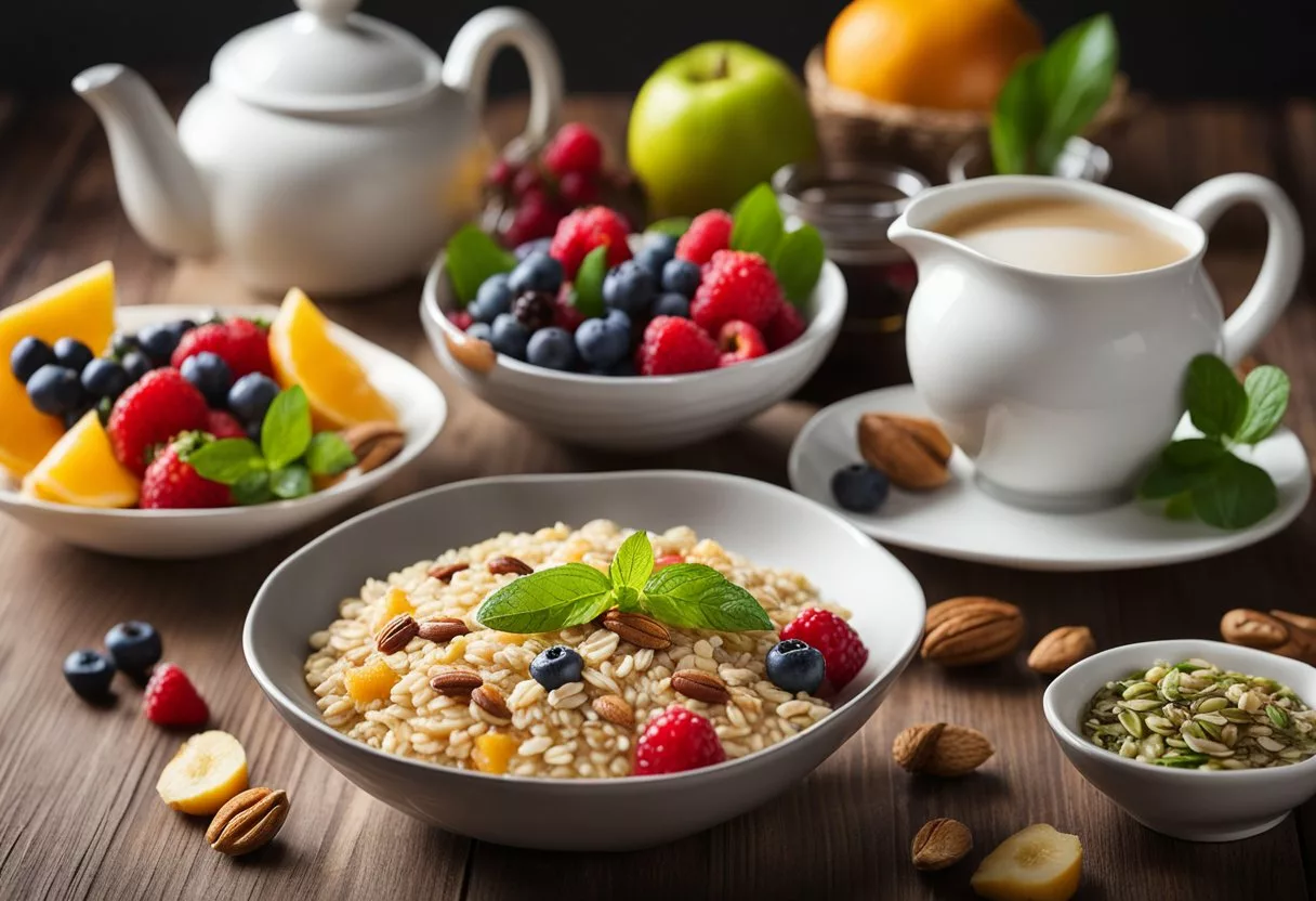 A table set with colorful fruits, vegetables, and whole grains. A bowl of oatmeal topped with berries and nuts. A glass of green tea