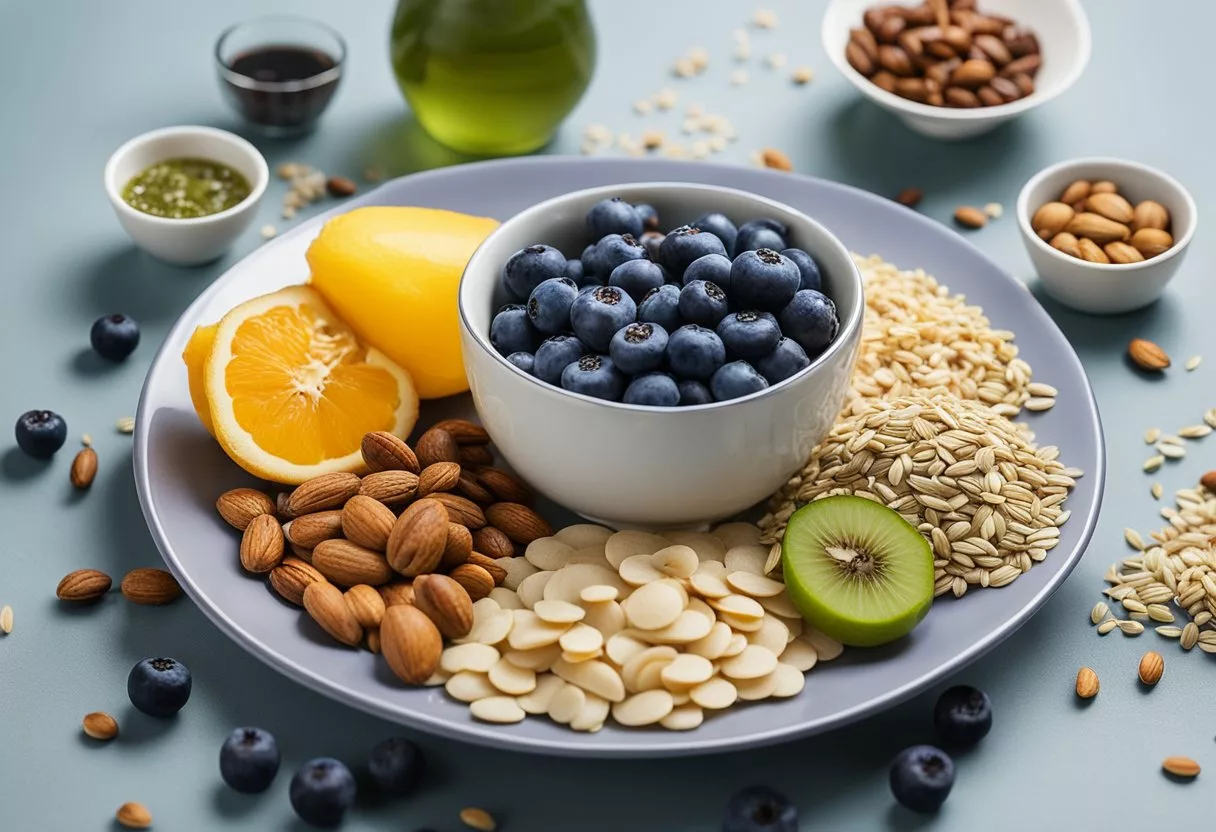 A table set with a variety of colorful fruits, vegetables, nuts, and seeds. A bowl of oatmeal topped with blueberries and a glass of green tea
