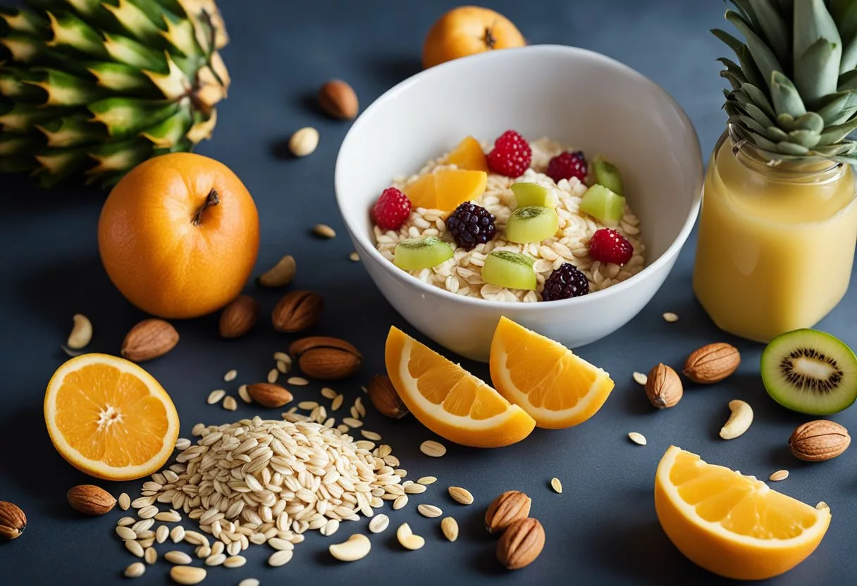 A table with colorful fruits, nuts, and seeds, next to a bowl of oatmeal and a glass of fresh juice. Avoid processed foods and sugary cereals