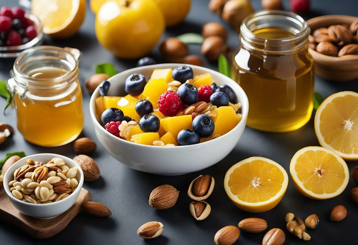 A table set with colorful fruits, nuts, and whole grains, surrounded by jars of honey and olive oil. A bowl of mixed berries and a glass of turmeric-infused water complete the scene