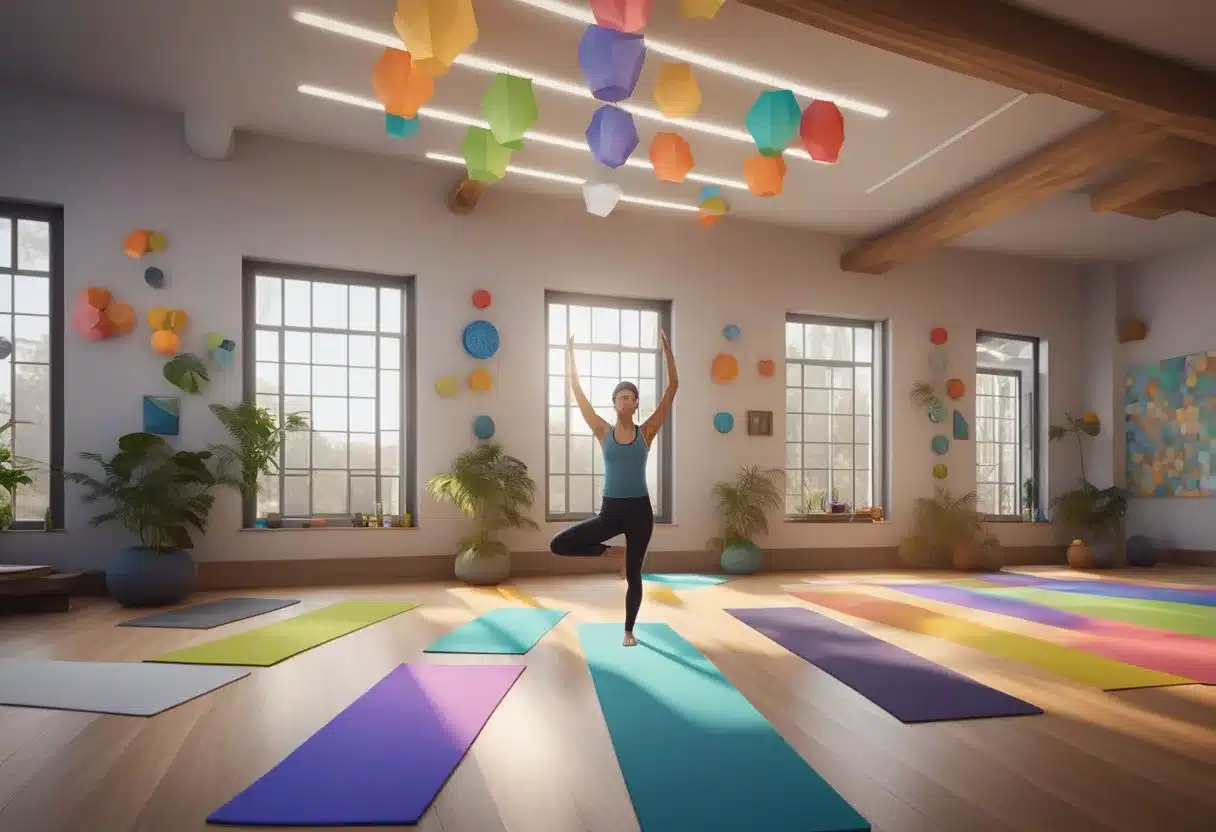 A person in a yoga studio, surrounded by colorful chakra symbols, engaging in various fitness activities like stretching and meditation