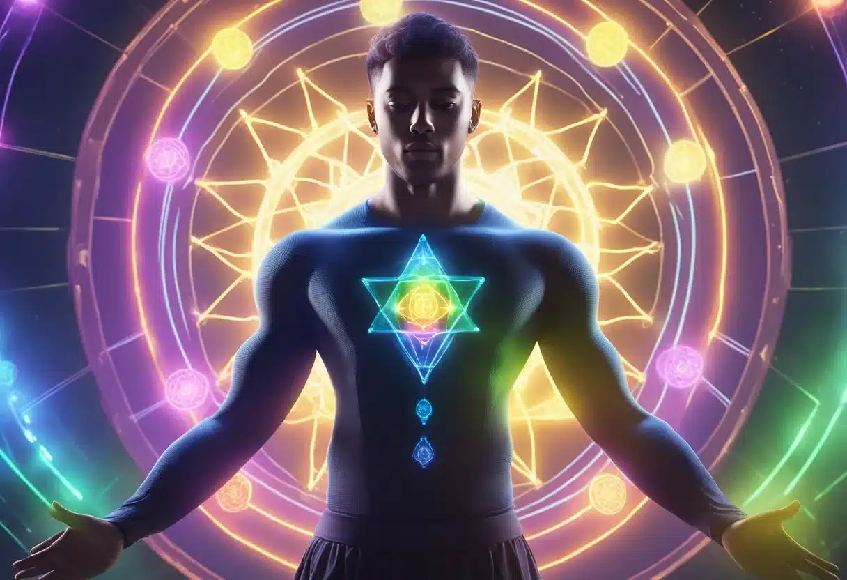 A figure surrounded by vibrant energy, representing the seven chakras, with rays of light extending outward, symbolizing the connection between chakras and physical health