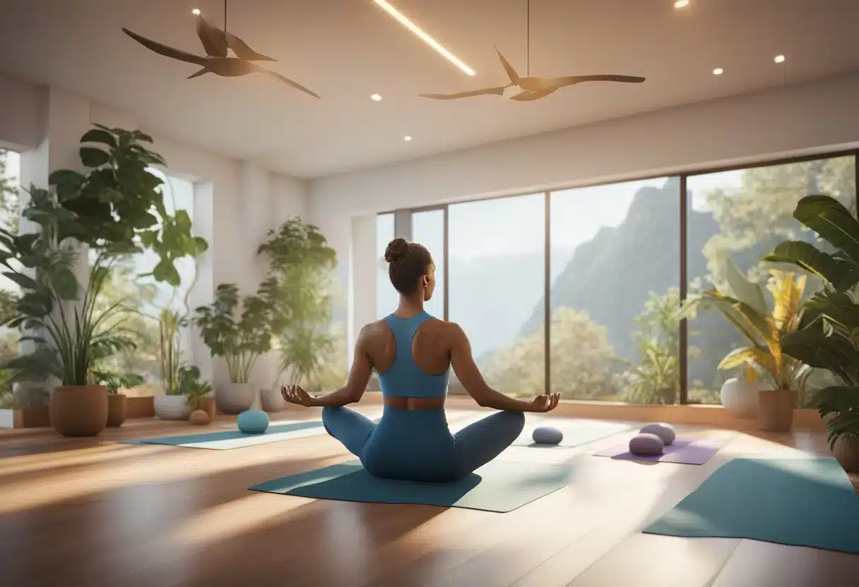 A person meditates in a serene yoga studio, surrounded by vibrant colors and natural elements, while performing chakra-oriented fitness routines