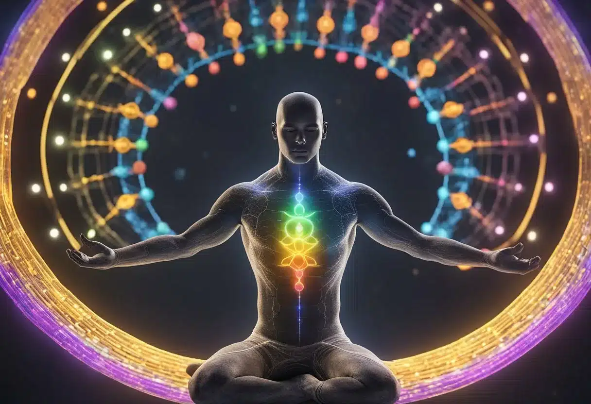 A figure meditating with seven colorful energy centers aligned along the spine, representing the chakras. Surrounding the figure are symbols of physical fitness and exercise