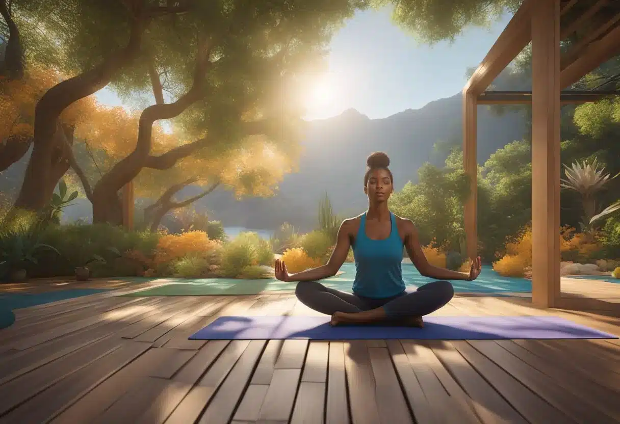A person doing yoga poses in a serene natural setting, surrounded by vibrant colors and energy, with a sense of balance and harmony