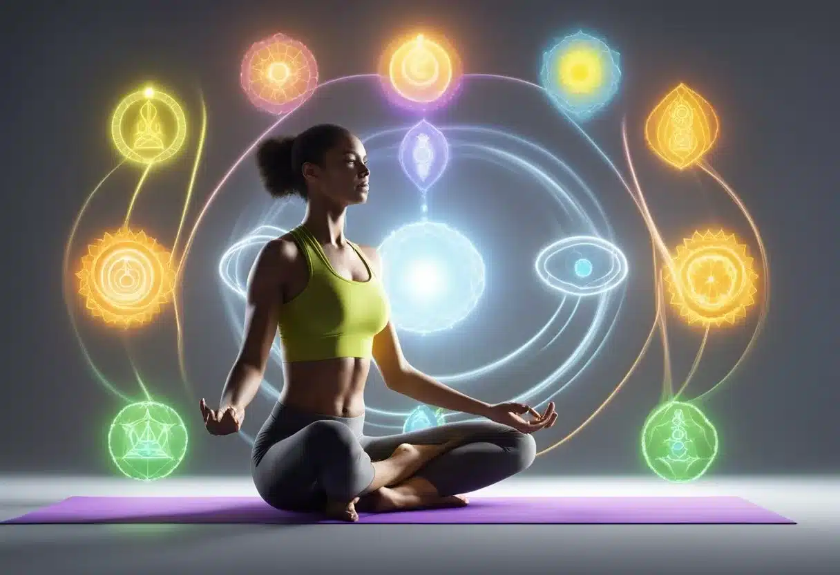 Chakras and fitness linked. Illustrate yoga pose with energy flowing through body's seven chakras