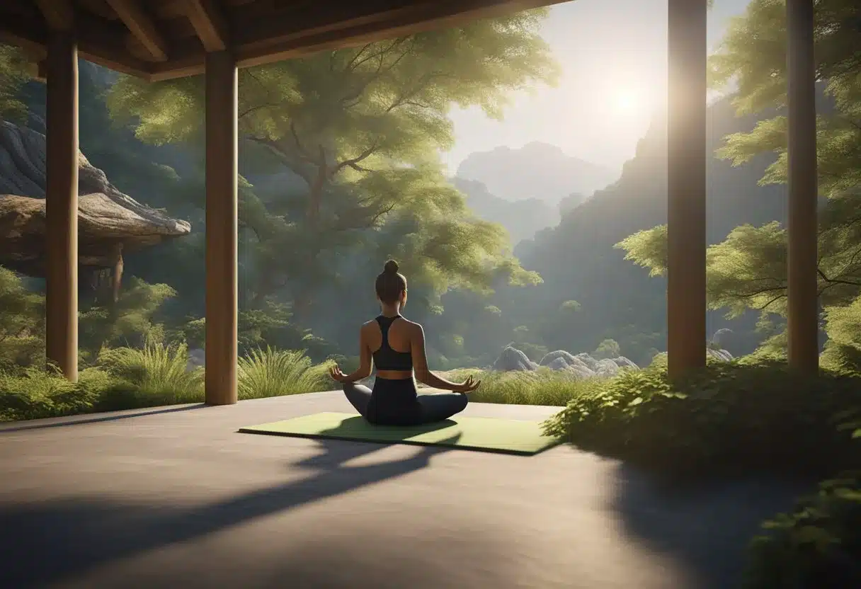 A person meditates in a serene environment, surrounded by nature and engaging in physical activity like yoga or tai chi to maintain chakra balance