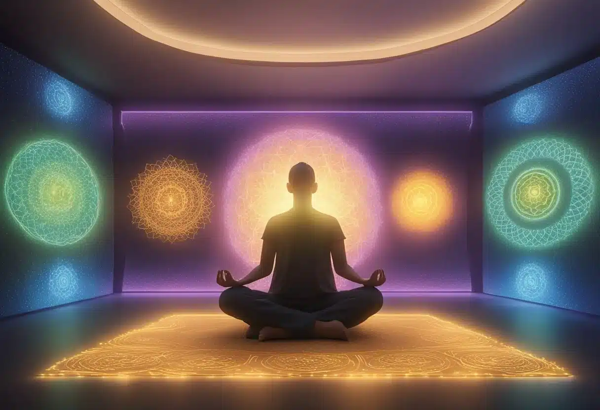 A person meditates in a serene environment, surrounded by vibrant energy centers representing the chakras. The scene depicts a connection between inner balance and physical wellness