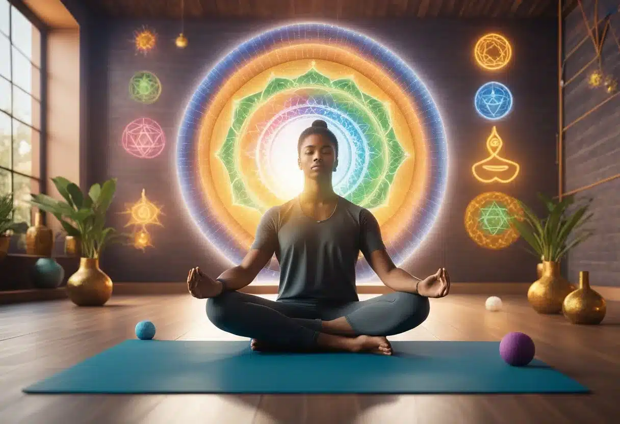 A person meditates in a yoga studio, surrounded by colorful chakra symbols. They are focused on personal development and fitness