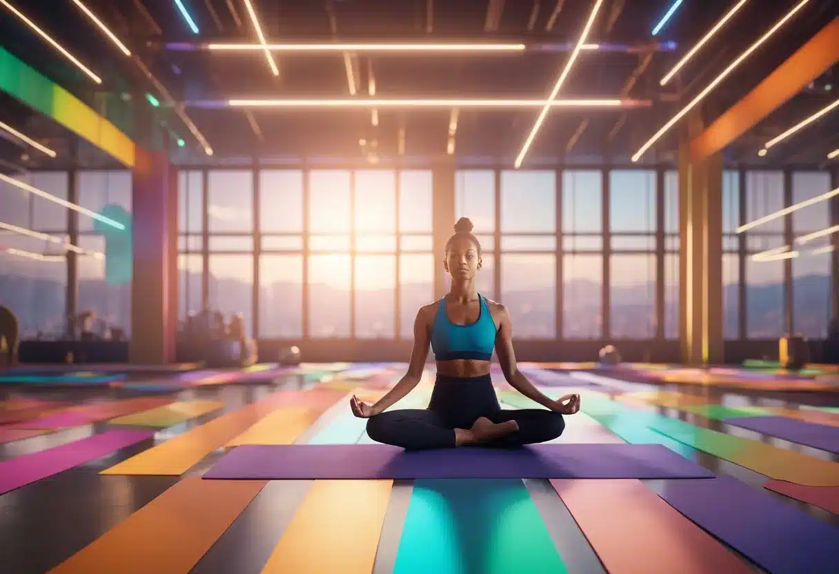 A person practicing yoga, surrounded by vibrant, glowing chakras in a modern gym setting. Energizing colors and geometric shapes symbolize the connection between chakras and fitness
