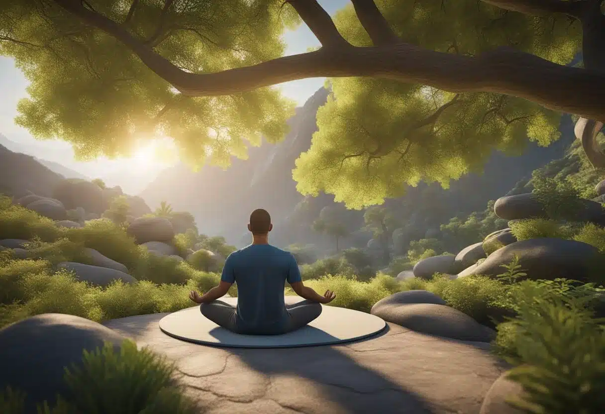 A person meditating in a serene natural setting, surrounded by vibrant energy centers representing the seven chakras, with a subtle connection to physical activity