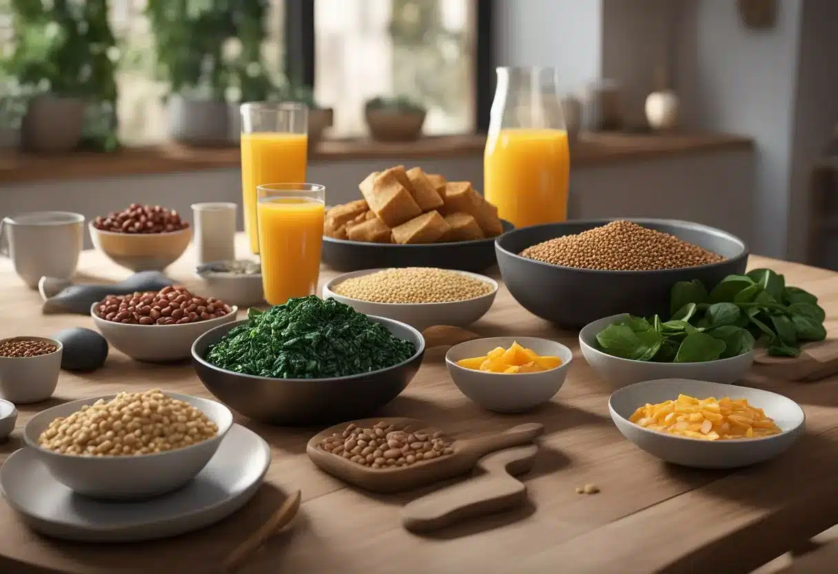 A table filled with iron-rich foods: spinach, lentils, red meat, tofu, and beans. A pot of fortified cereal and a glass of orange juice sit alongside