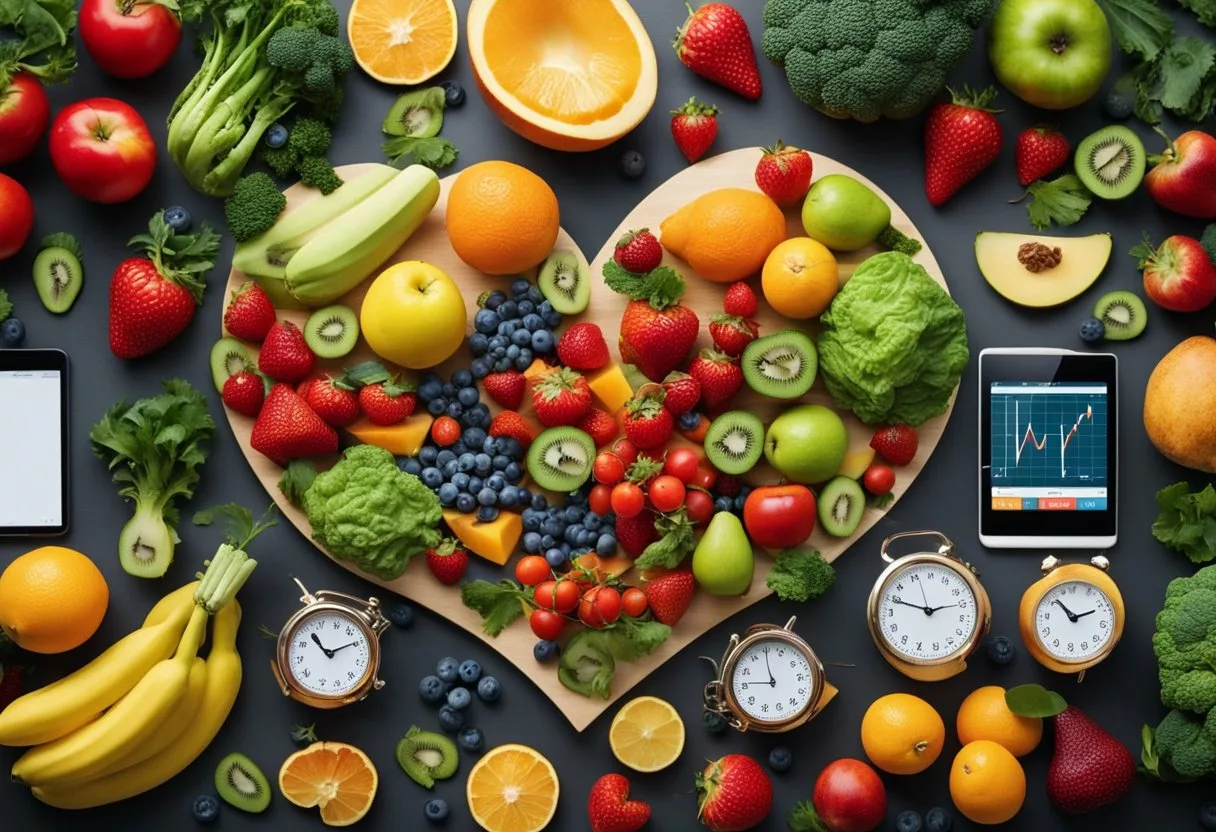 A heart surrounded by healthy lifestyle symbols like fruits, vegetables, exercise equipment, and a heart rate monitor