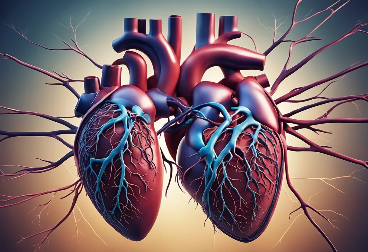 A heart with arteries and veins, labeled with types, causes, and treatments of heart disease