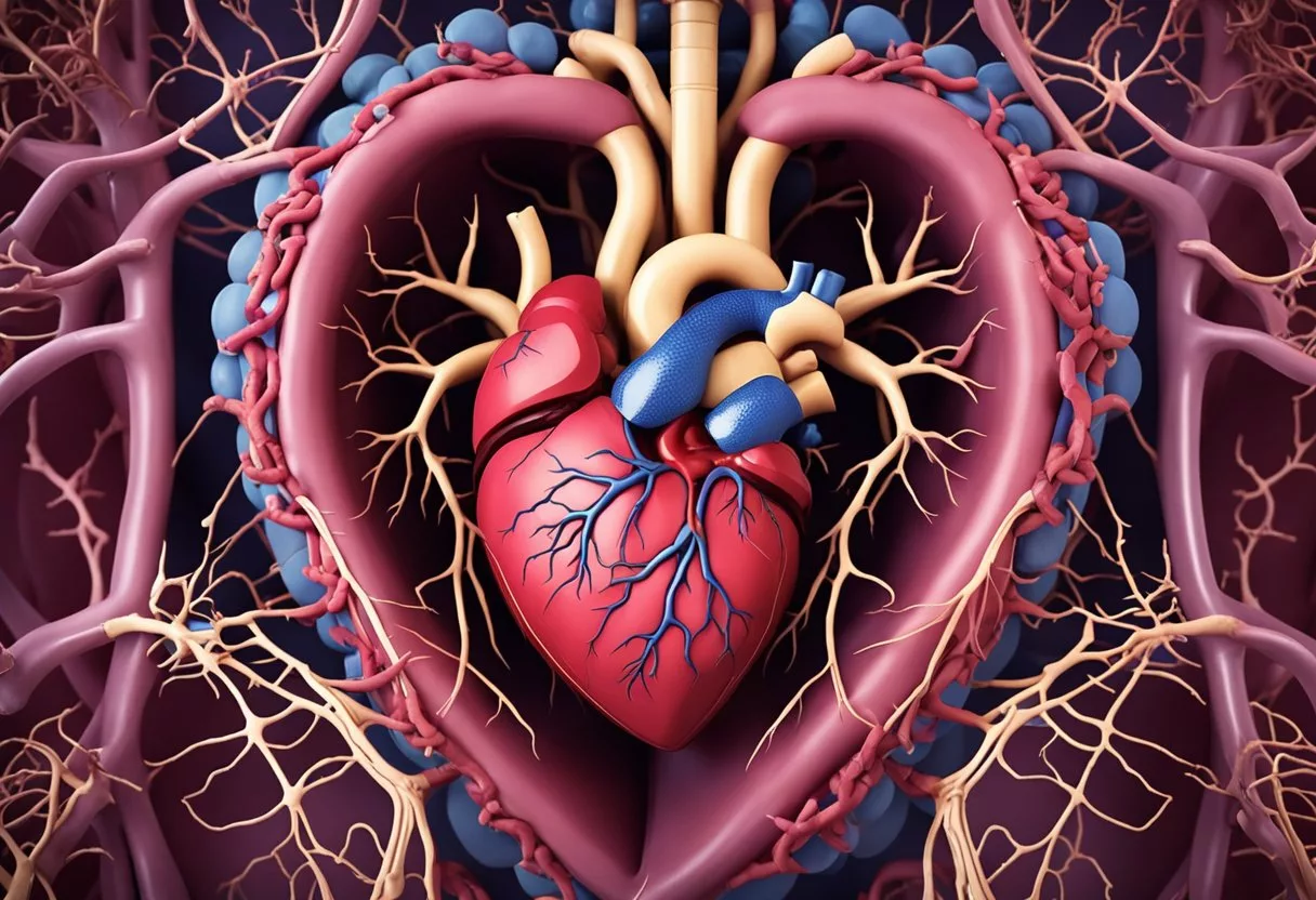 A heart-shaped organ surrounded by arteries, veins, and capillaries, with a blockage causing restricted blood flow. Medications and surgery options nearby