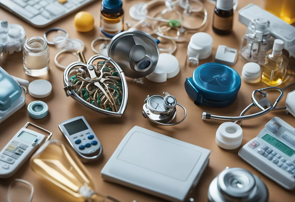 A heart-shaped organ surrounded by medical equipment and emergency tools. Textbooks on heart disease, diagrams of cardiac events, and medication bottles are scattered around