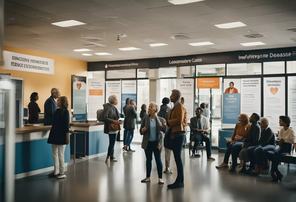 A bustling community center with informational posters on heart disease types, causes, and treatments. People engage in discussions and access various resources
