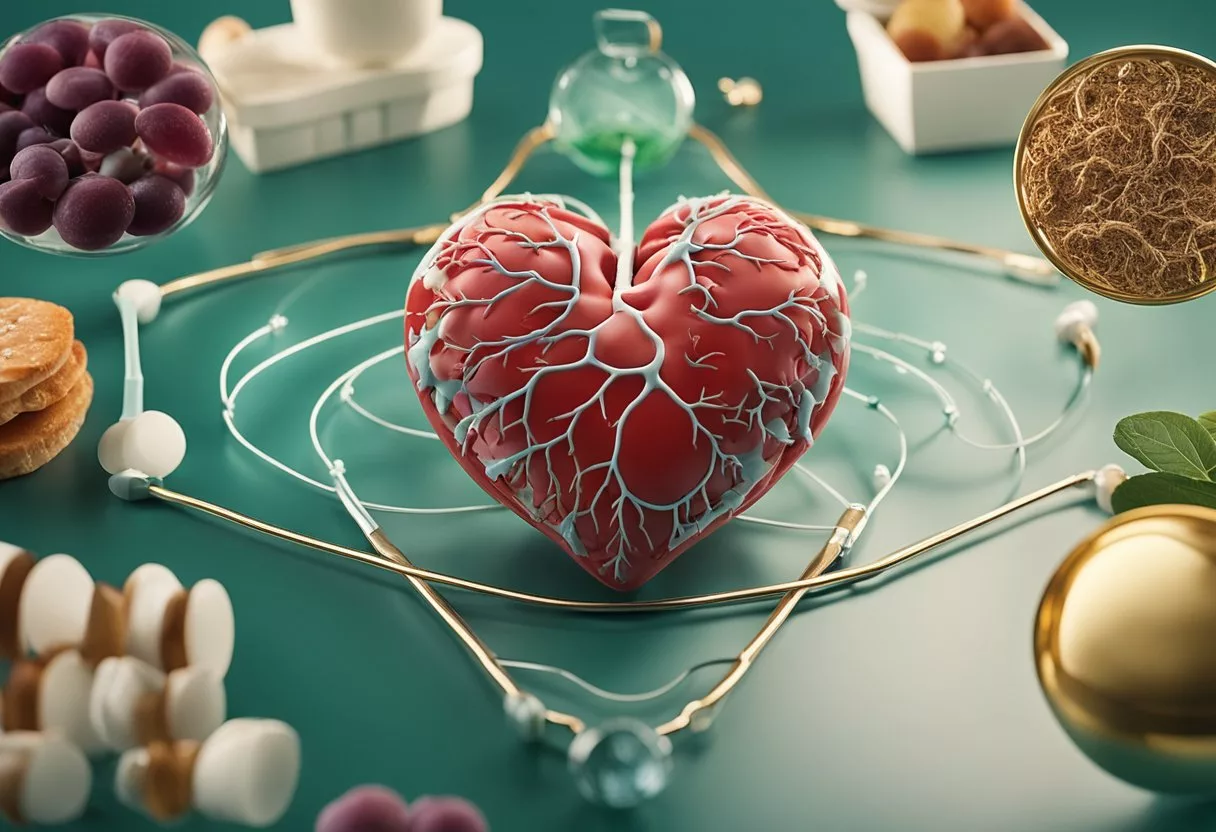 A heart with arteries clogged by plaque, surrounded by healthy and unhealthy lifestyle choices