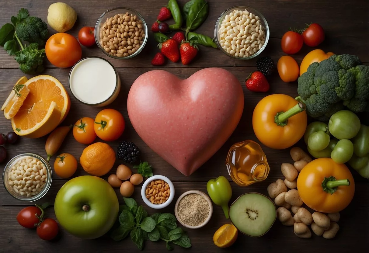 A heart surrounded by healthy foods and exercise equipment